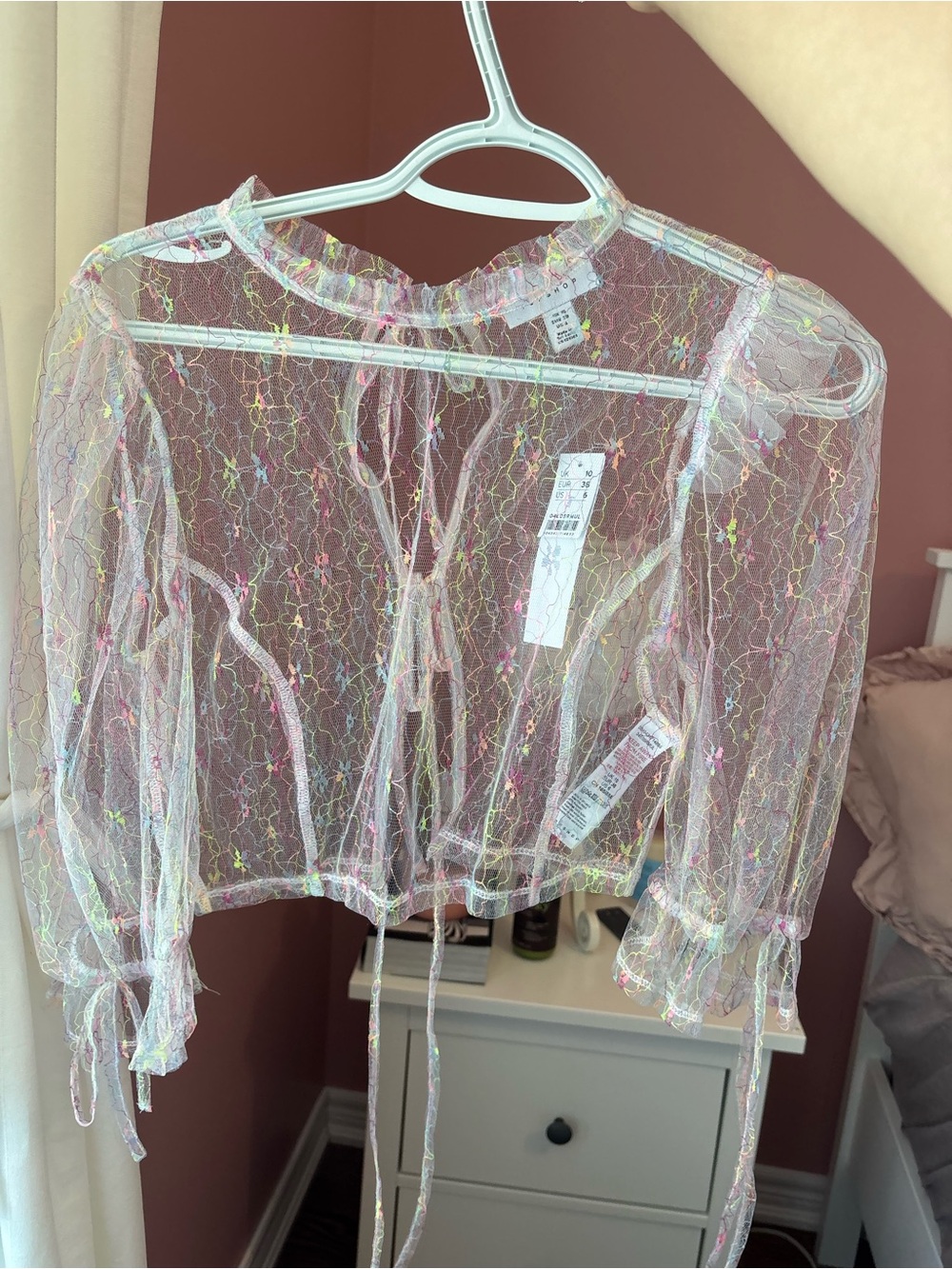 Topshop Sheer colourful Lace Cropped Blouse - Pink Multicolor